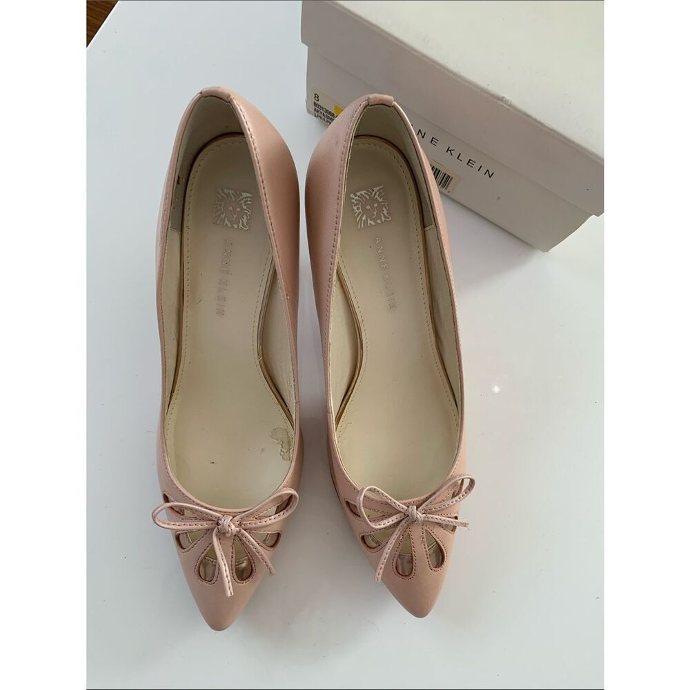 Anne Klein Blush Pointed-Toe Bow Leather Heels Flats Shoes Size 8